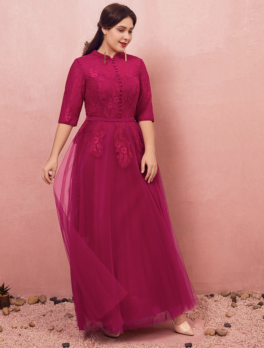 Vestido de noche formal de estilo chino, corte A, talla grande, para compromiso, cuello alto, media manga, largo hasta el suelo, encaje con botones