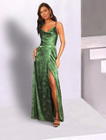 Green Satin A-Line Floor-Length Cowl Neck Low Back Gown
