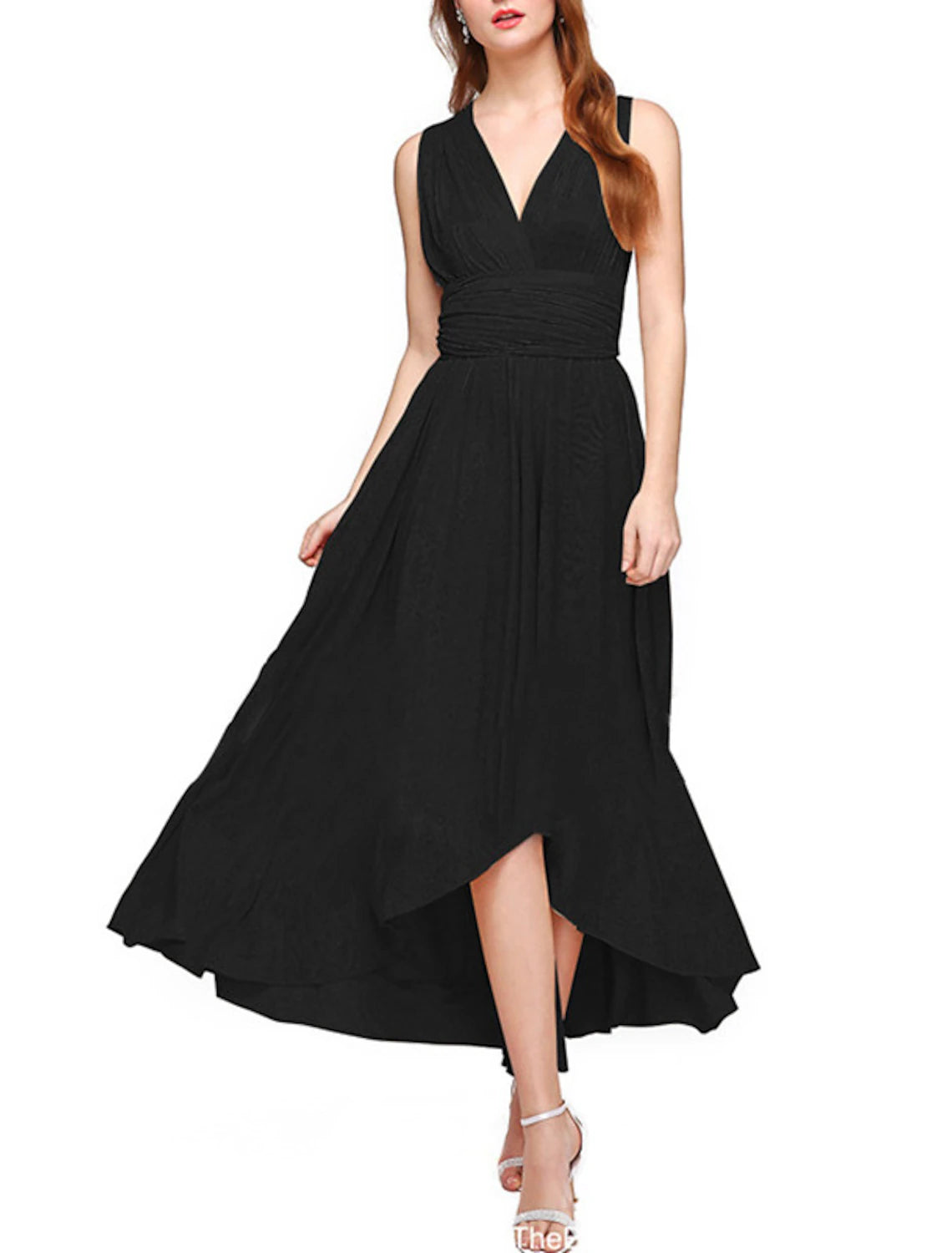 Champagne Chiffon A-Line High-Low Bridesmaid Dress with V-Neck and Ruched Bodice