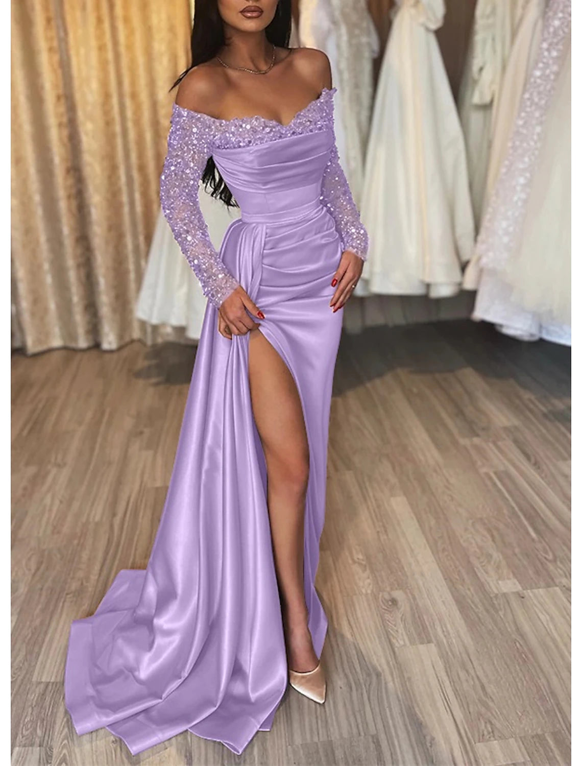 Vestido de noche negro de sirena, vestido brillante y resplandeciente, vestido formal para boda, fiesta, corte de cola, manga larga, hombros descubiertos, recepción de boda de otoño, satén con abertura de lentejuelas fruncidas