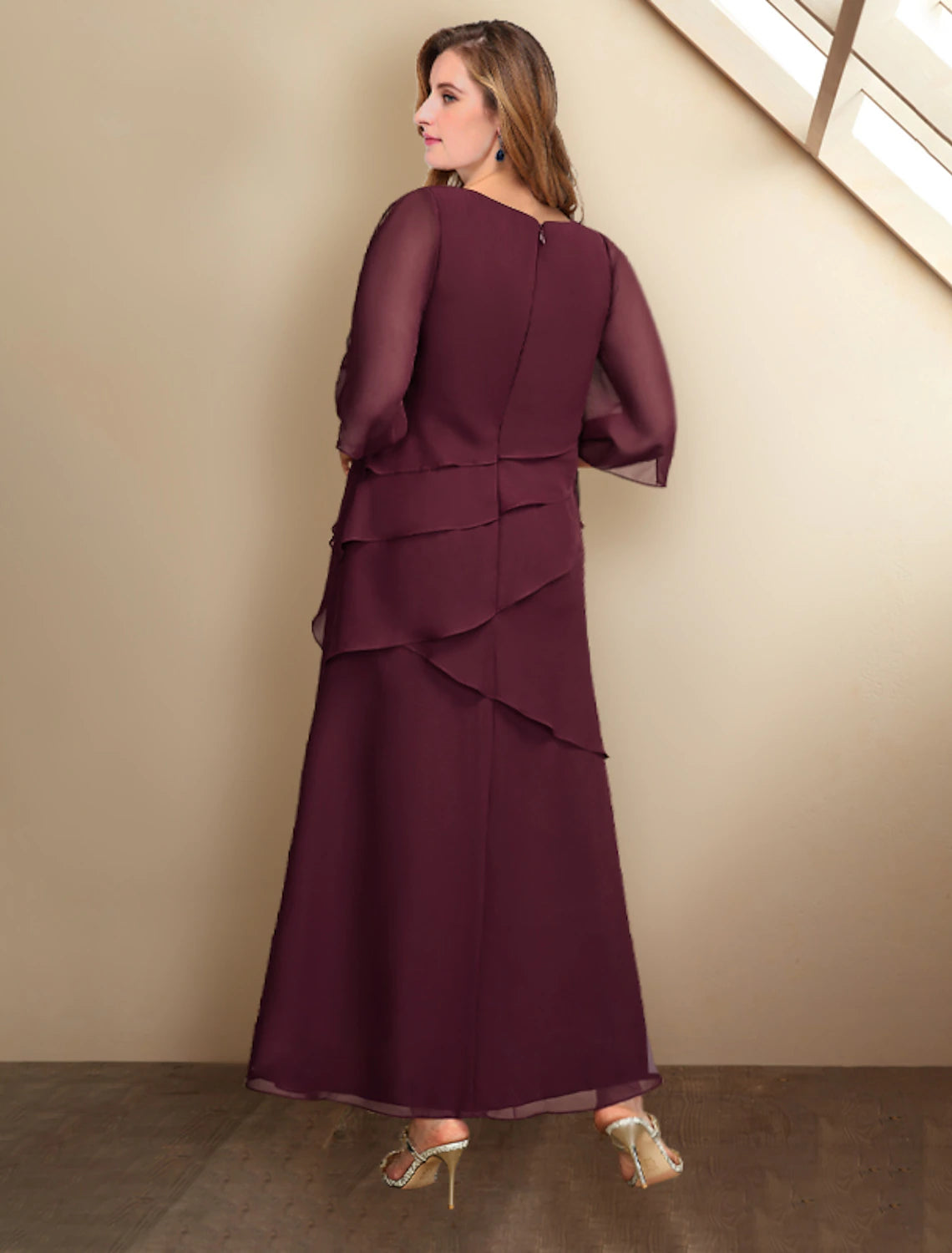 Abiti da sposa a trapezio per la madre della sposa, taglie forti, eleganti, con curve che nascondono la pancia, lunghezza alla caviglia, maniche corte, scollo gioiello, in chiffon con volant