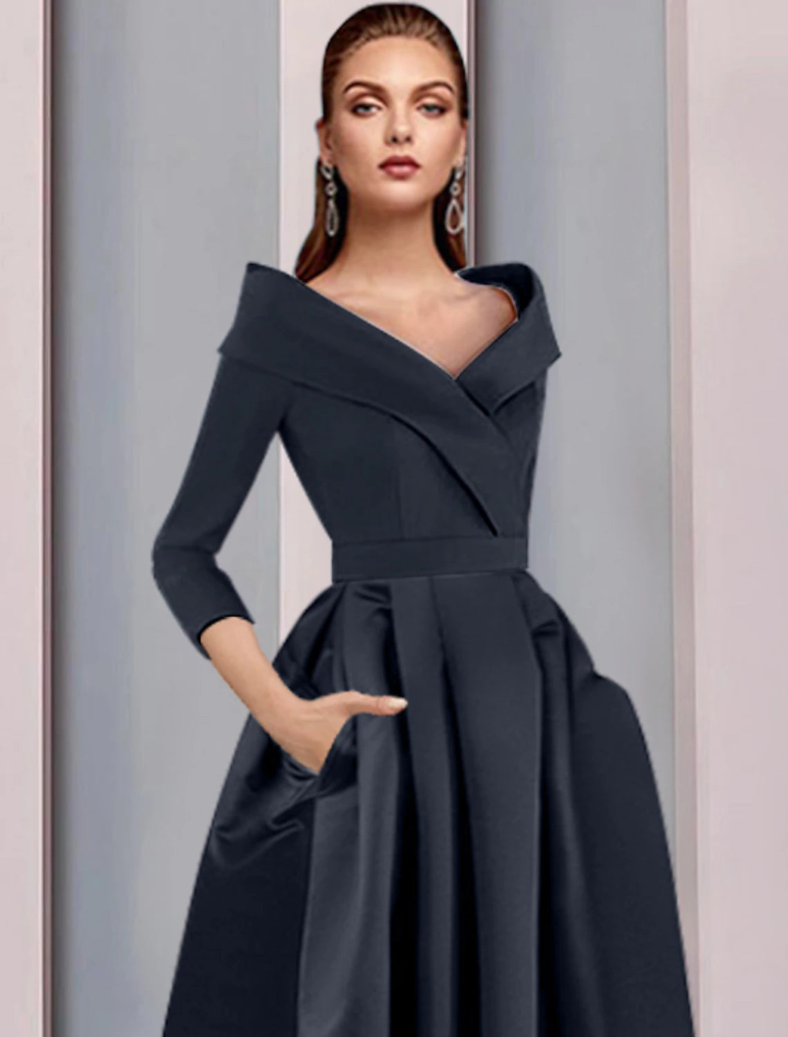 Dark Navy Satin Off-the-Shoulder A-Line High-Low Evening Dress