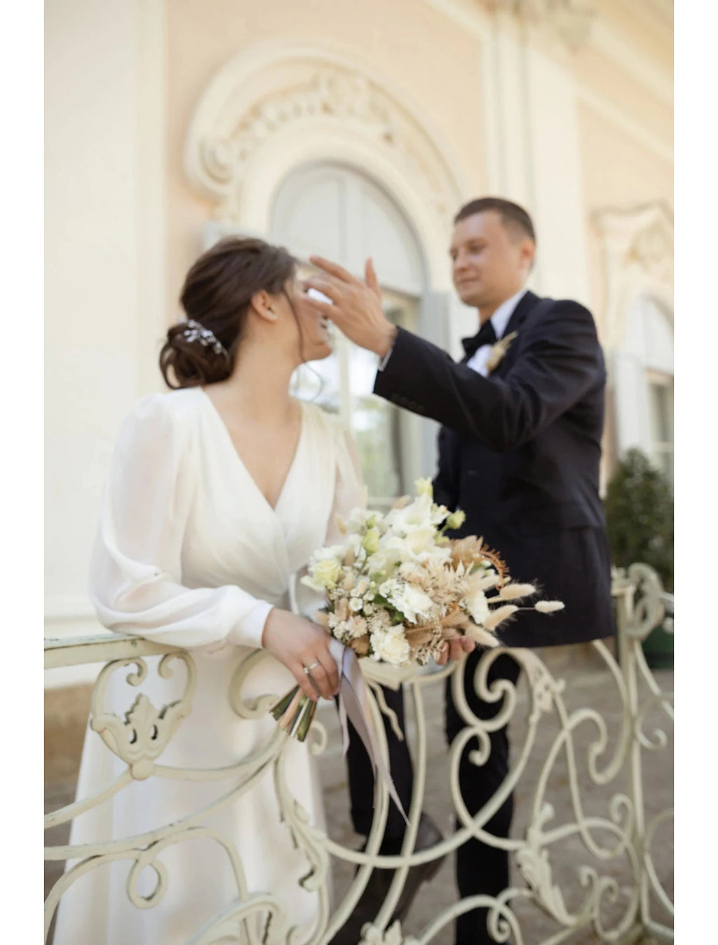 Ivory Satin A-Line Tea-Length Bridesmaid Dress with High Neck and Voluminous Puff Sleeves