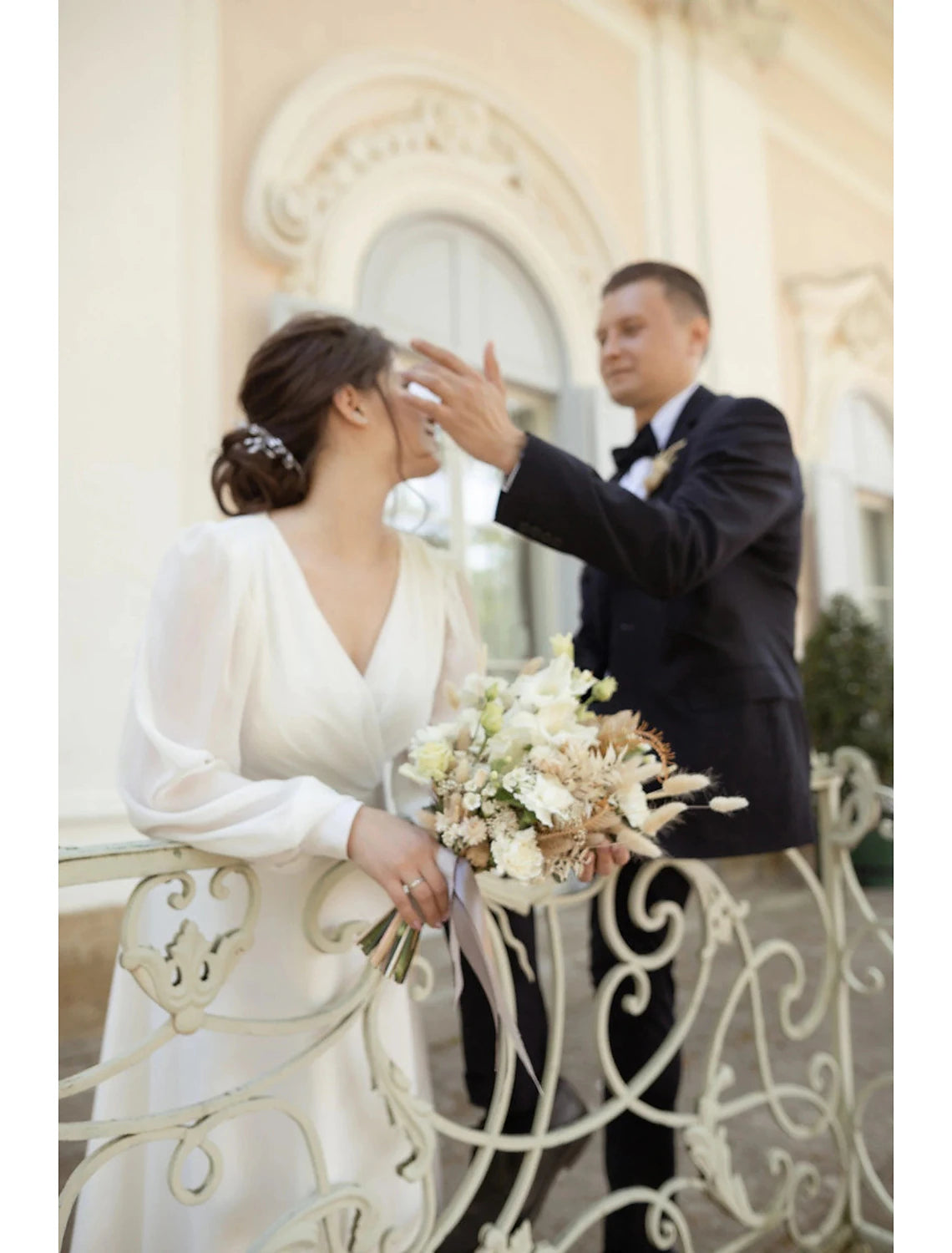 Ivory Satin A-Line Tea-Length Bridesmaid Dress with High Neck and Voluminous Puff Sleeves