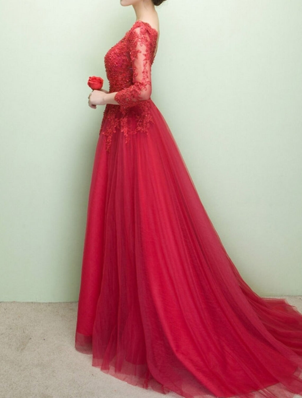 Vestido de noche de corte A, vestido de fiesta, vestido de lujo, para invitada de boda, compromiso, cola capilla, media manga, cuello ilusión, tul con apliques de cuentas.