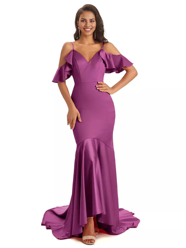 Soft Satin Asymmetric Spaghetti Straps Sleeveless Mermaid Cold Shoulder Bridesmaid Dresses