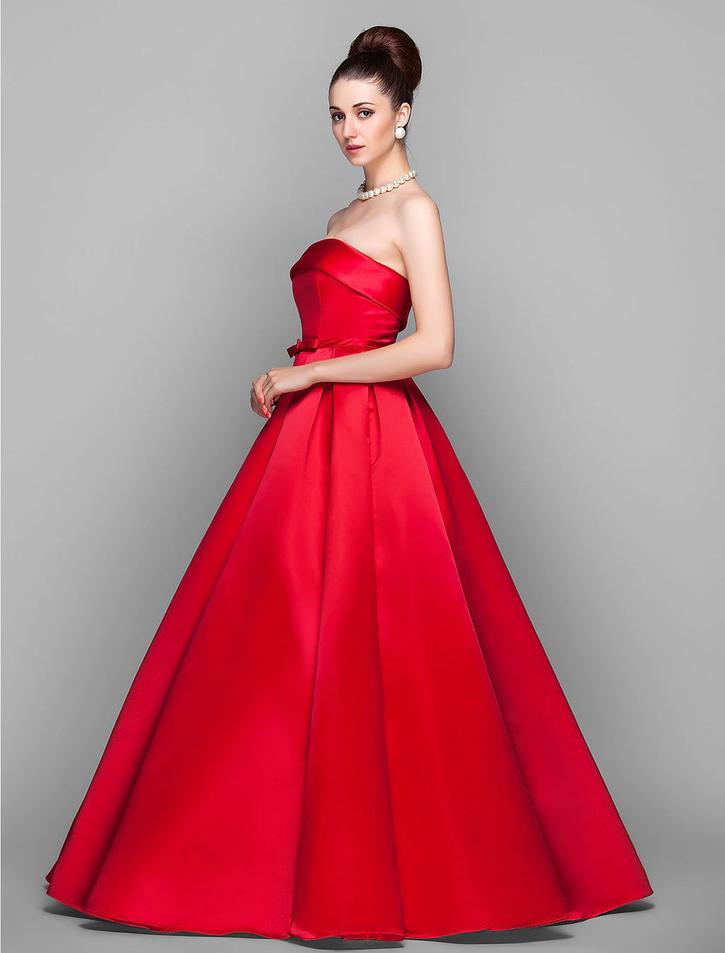Vestido elegante de quinceañera para fiesta, largo hasta el suelo, sin mangas, sin tirantes, de satén con lazo(s)