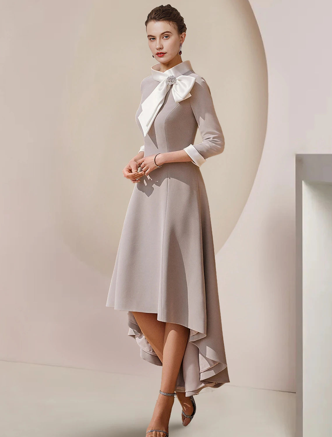 Grey Crepe A-Line Asymmetrical High Neck Dress with Bow Collar