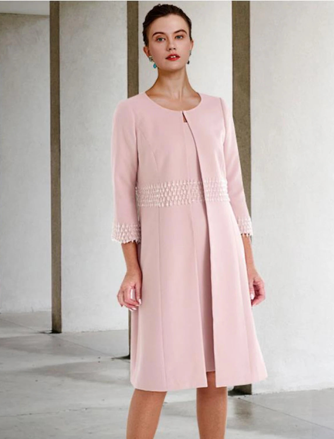 Blushing Pink Crepe A-Line Knee-Length Two-Piece Evening Dress