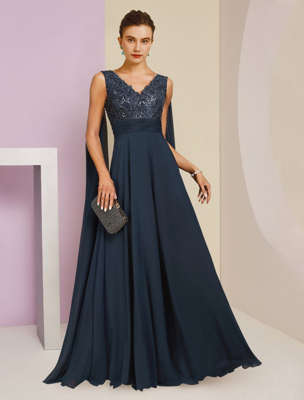 Vestido de madre de la novia con corte en forma de columna, formal, fiesta, elegante, escote en V, largo hasta el suelo, de gasa, encaje, sin mangas, con pliegues y lentejuelas