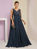 Vestido de madre de la novia con corte en forma de columna, formal, fiesta, elegante, escote en V, largo hasta el suelo, de gasa, encaje, sin mangas, con pliegues y lentejuelas