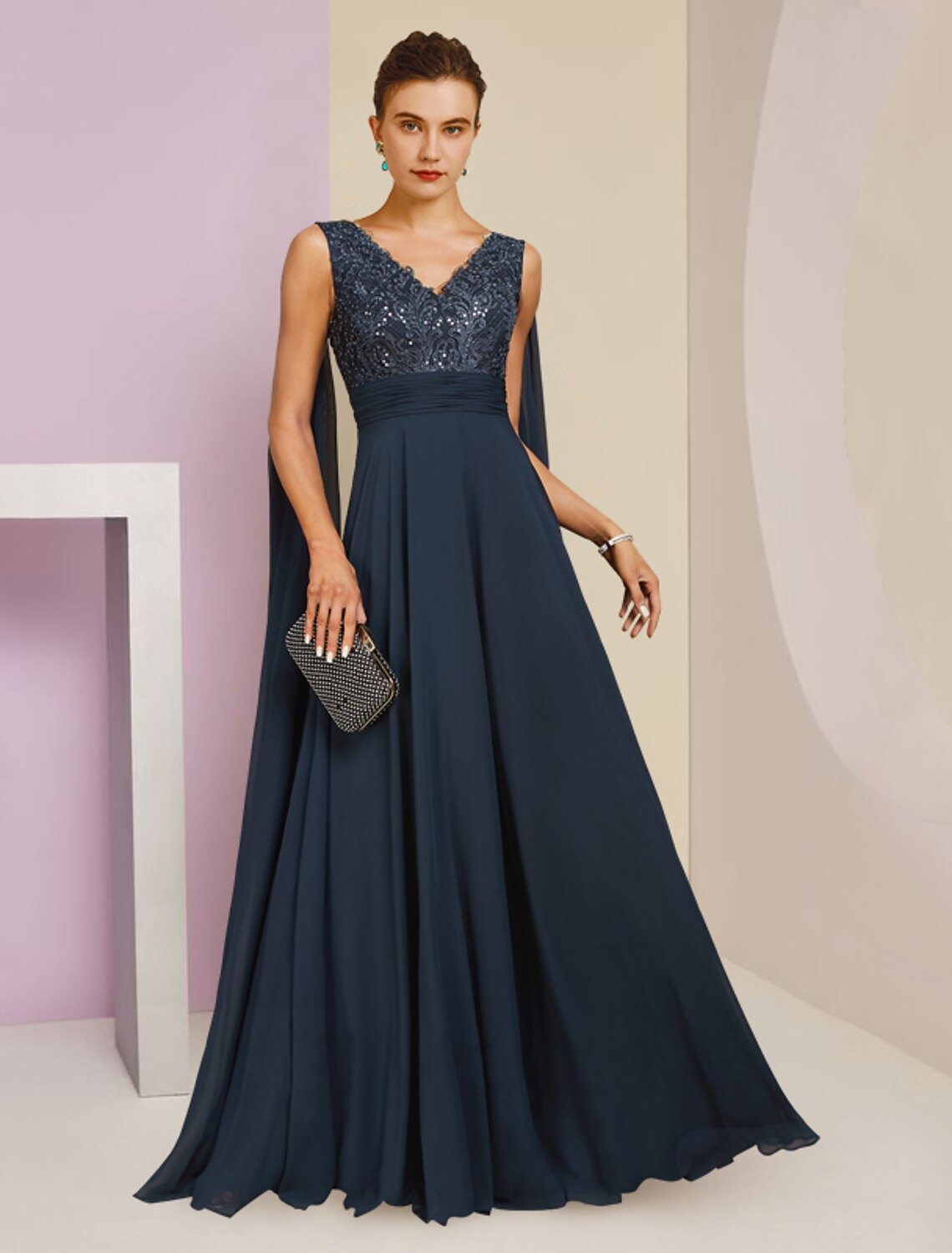 Dark Navy Chiffon A-Line Floor-Length Evening Dress with Sequined V-Neck