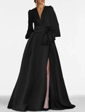 Vestido de noche elegante de corte A, vestido formal con cola larga, vestido rojo y verde formal, manga larga, escote en V, satén con pliegues y abertura.