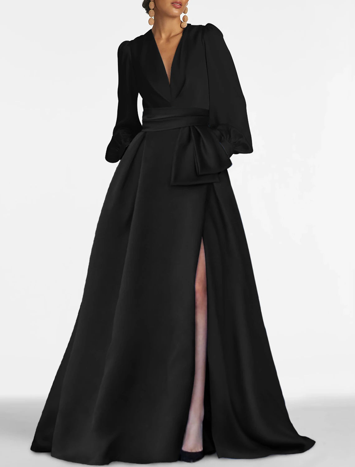 Forest Green Satin A-Line Floor-Length V-Neck Evening Dress with Structured Bow