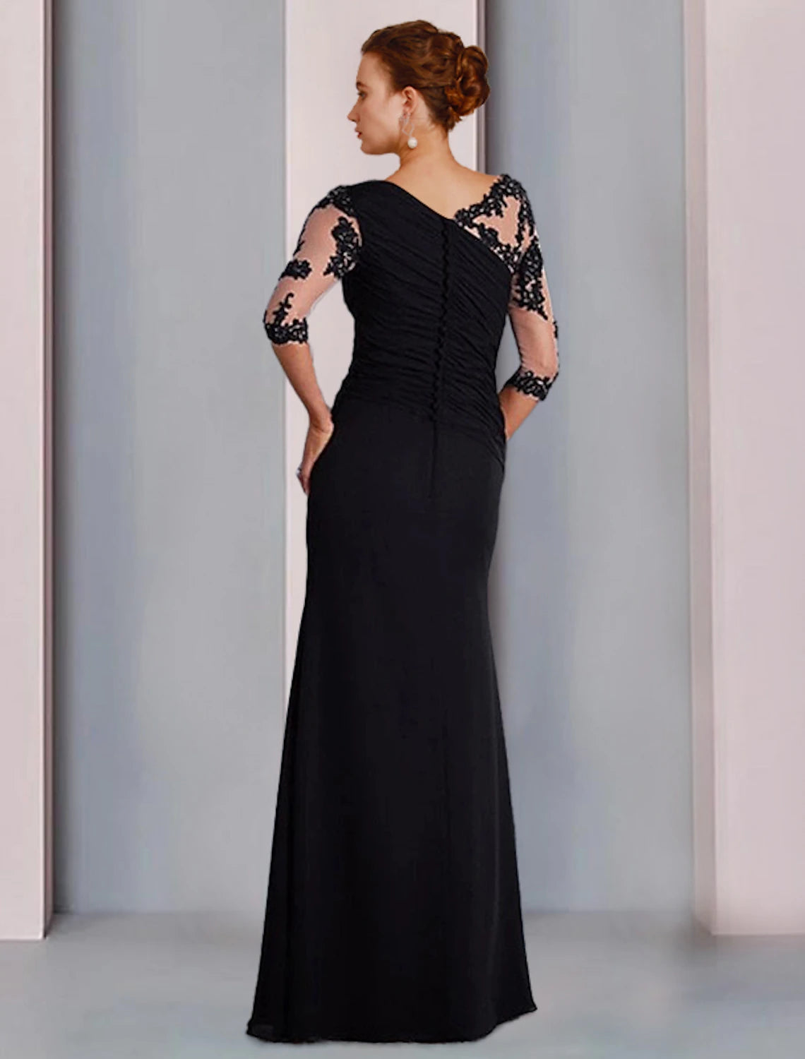 Black Chiffon A-Line Floor-Length Evening Dress with Lace Illusion Sleeves