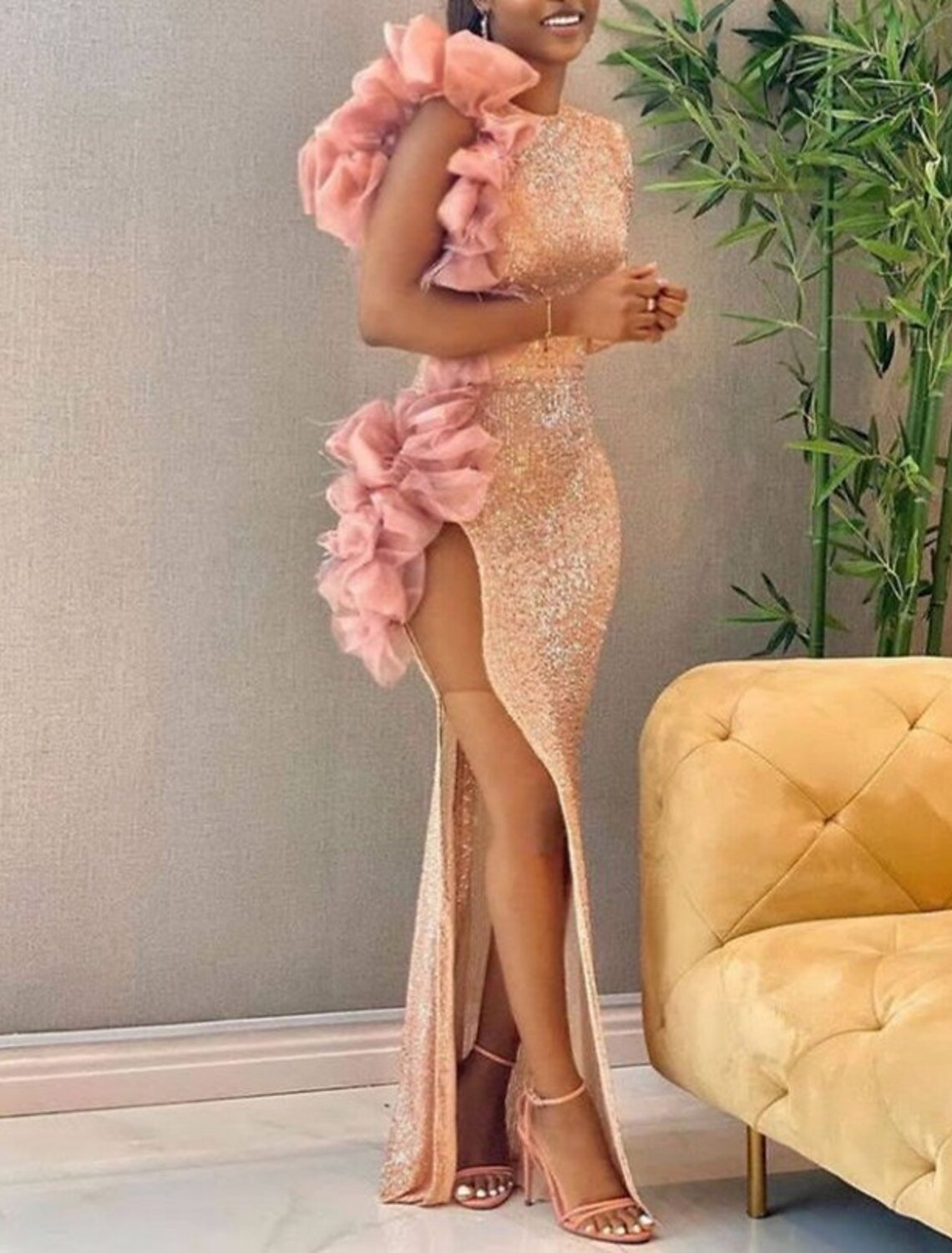 Mermaid / Trumpet Prom Dresses Sparkle Dress Formal Wedding Floor Length Long Sleeve One Shoulder Sequined with Sequin Slit