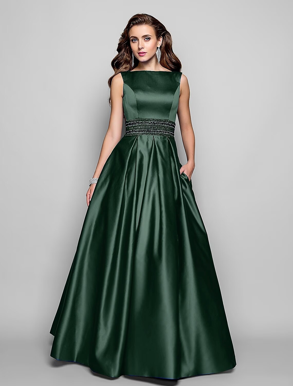 Royal Blue Satin A-Line Floor-Length Evening Dress - Scoop Neck Beaded Waistband