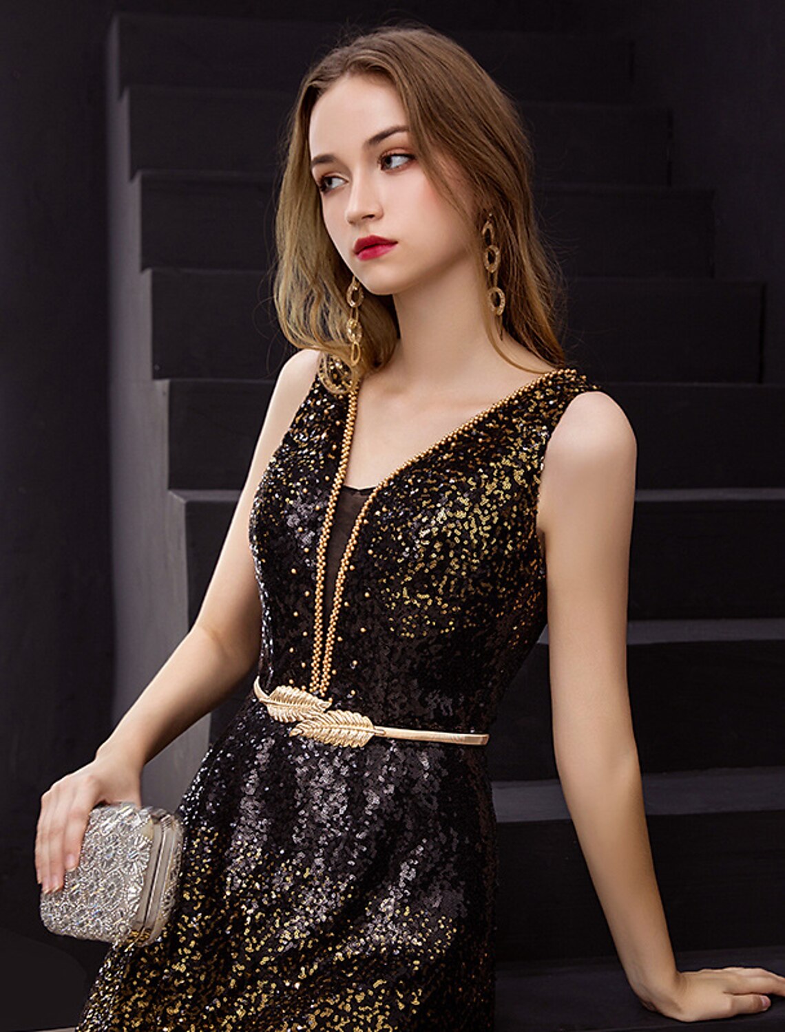 Vestido de fiesta elegante minimalista de corte A, vestido de noche formal, cuello en V, sin mangas, largo hasta el suelo, satén con lentejuelas