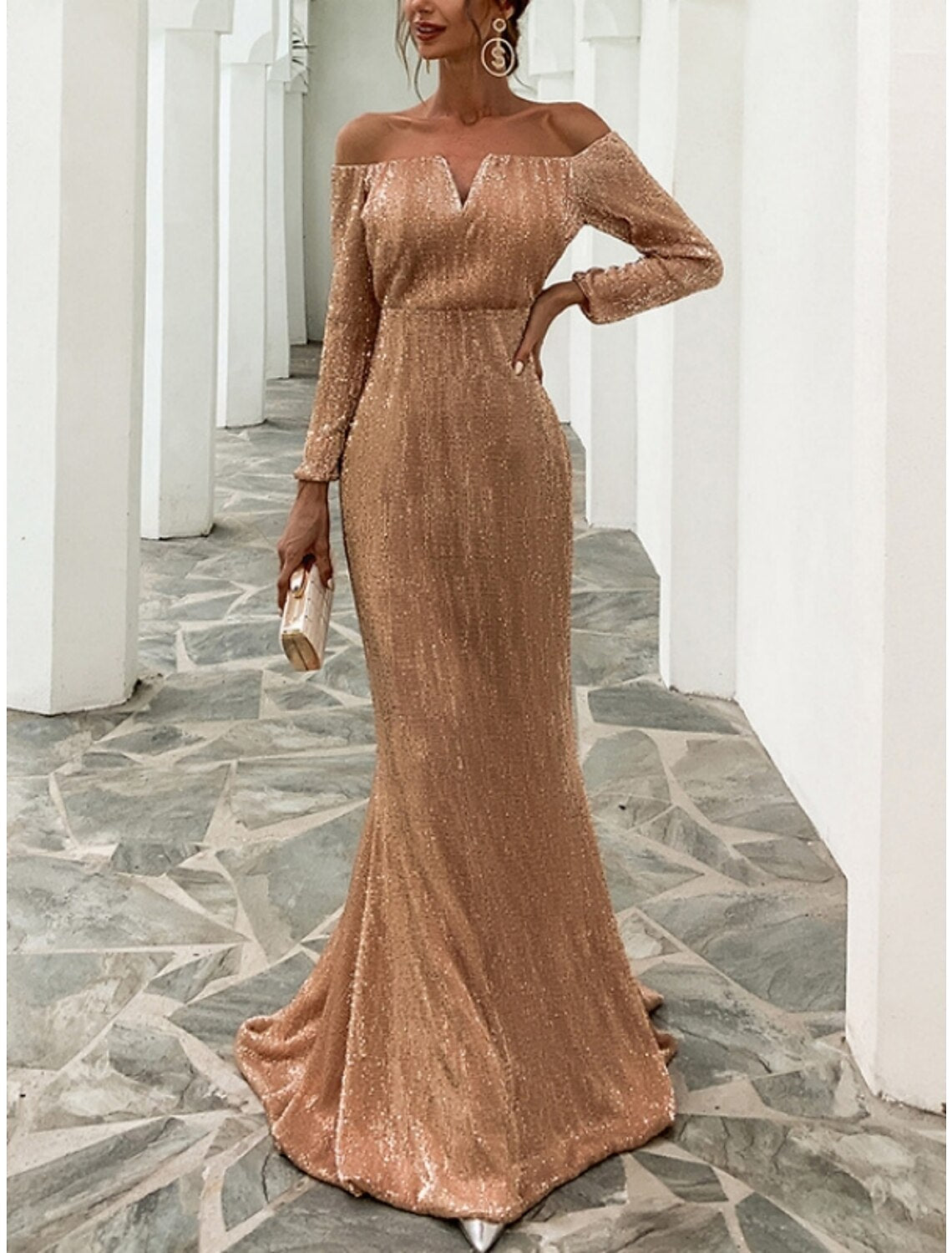 Gold Sequin Mermaid Floor-Length Off-the-Shoulder Evening