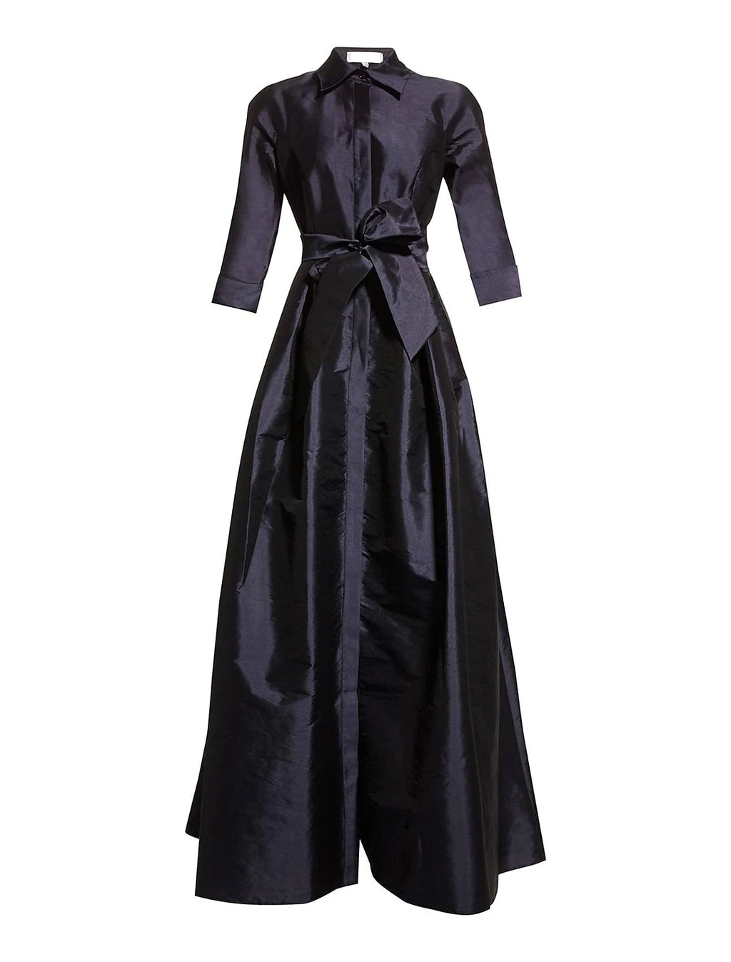 Vestido de noche elegante de corte A para invitada de boda, largo hasta el suelo, manga 3/4, cuello camisero, bolsillo de tafetán con tiras en el bolsillo.