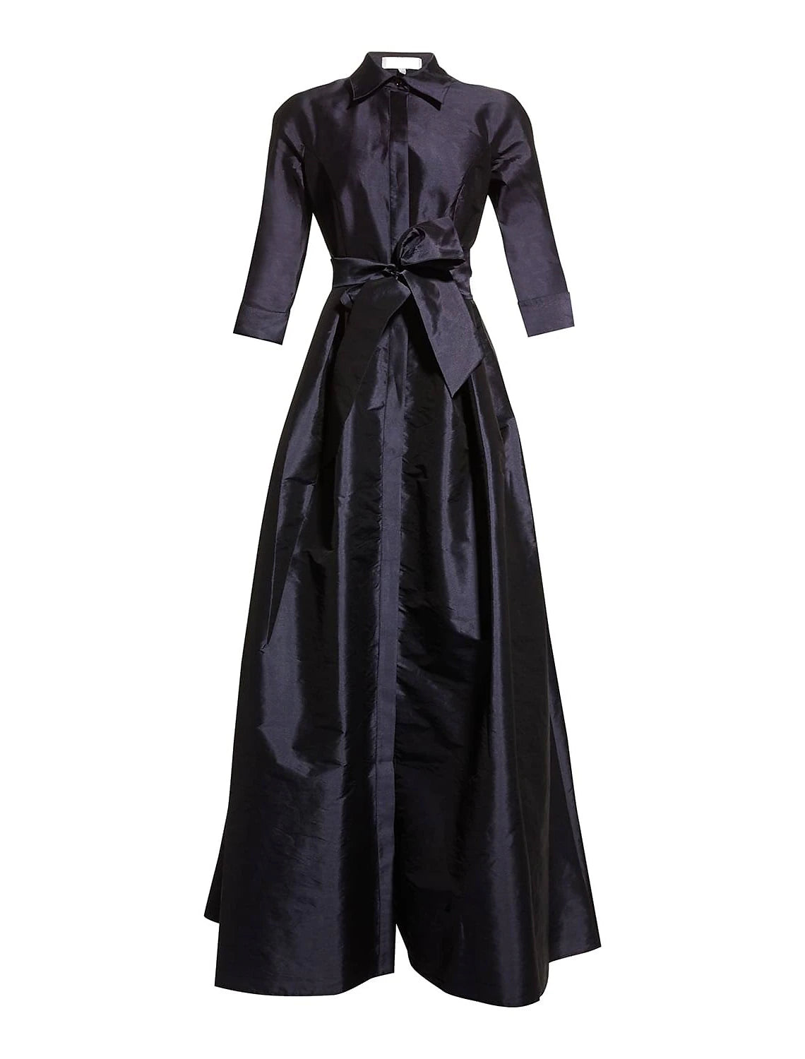 Vestido de noche elegante de corte A para invitada de boda, largo hasta el suelo, manga 3/4, cuello camisero, bolsillo de tafetán con tiras en el bolsillo.