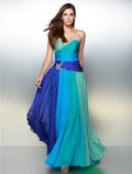 Blue Chiffon A-Line Floor-Length Evening Dress with Ruched Bodice and Draped Waistband