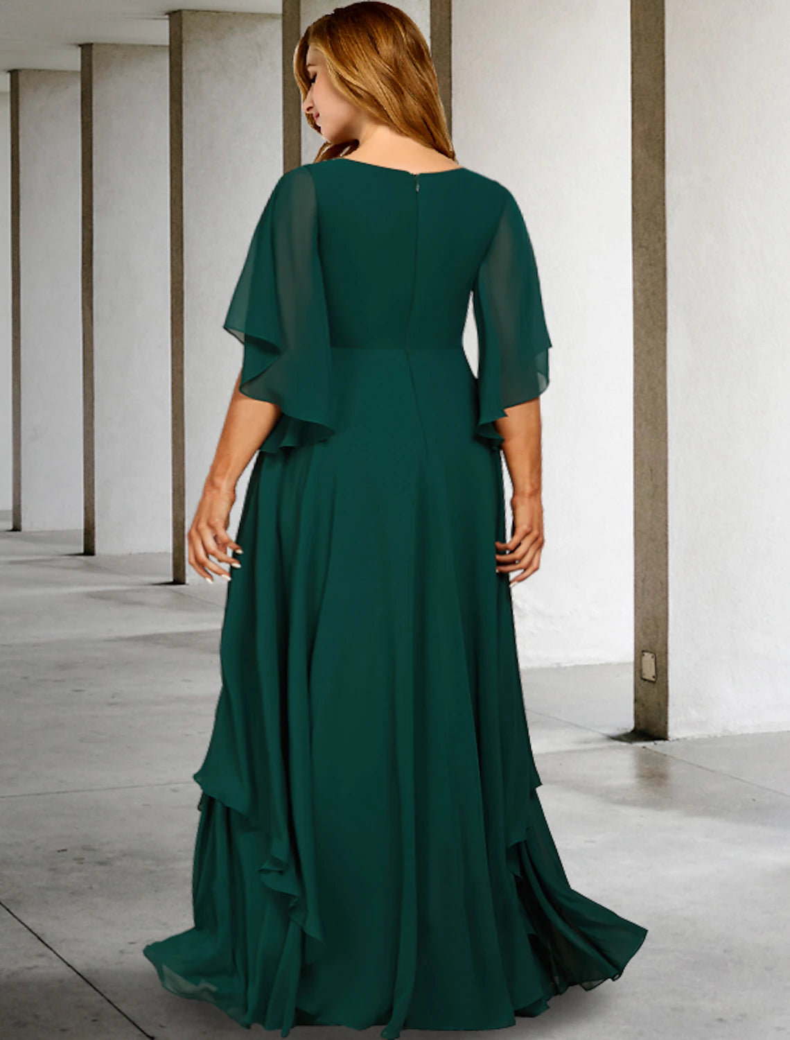 Emerald Chiffon A-Line Floor-Length Dress with V-Neck & Beaded waist + Layered skirt