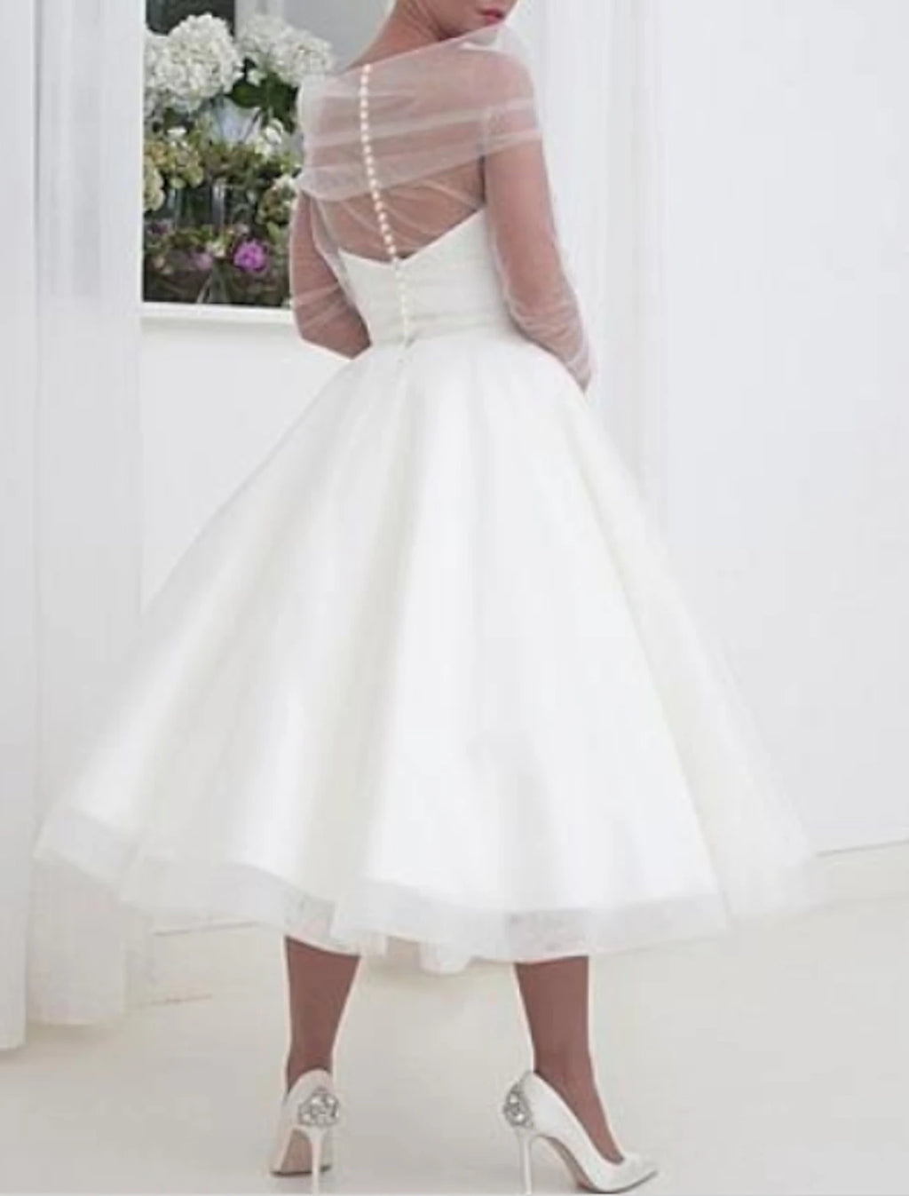 Ivory Satin A-Line Tea-Length Dress with Straight Neck and Sheer Draped Overlay