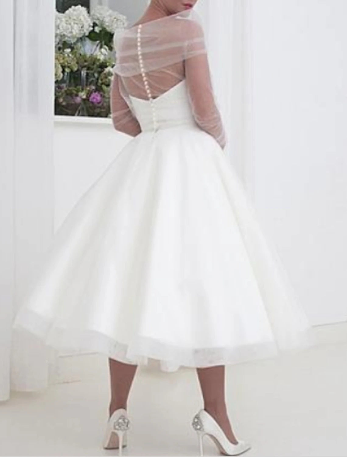 Ivory Satin A-Line Tea-Length Dress with Straight Neck and Sheer Draped Overlay
