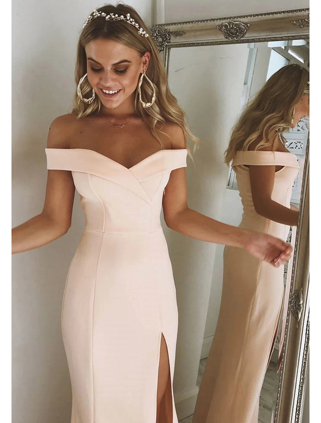Blushing Pink Crepe Off-the-Shoulder Sheath/column Floor-Length Bridesmaid Dress