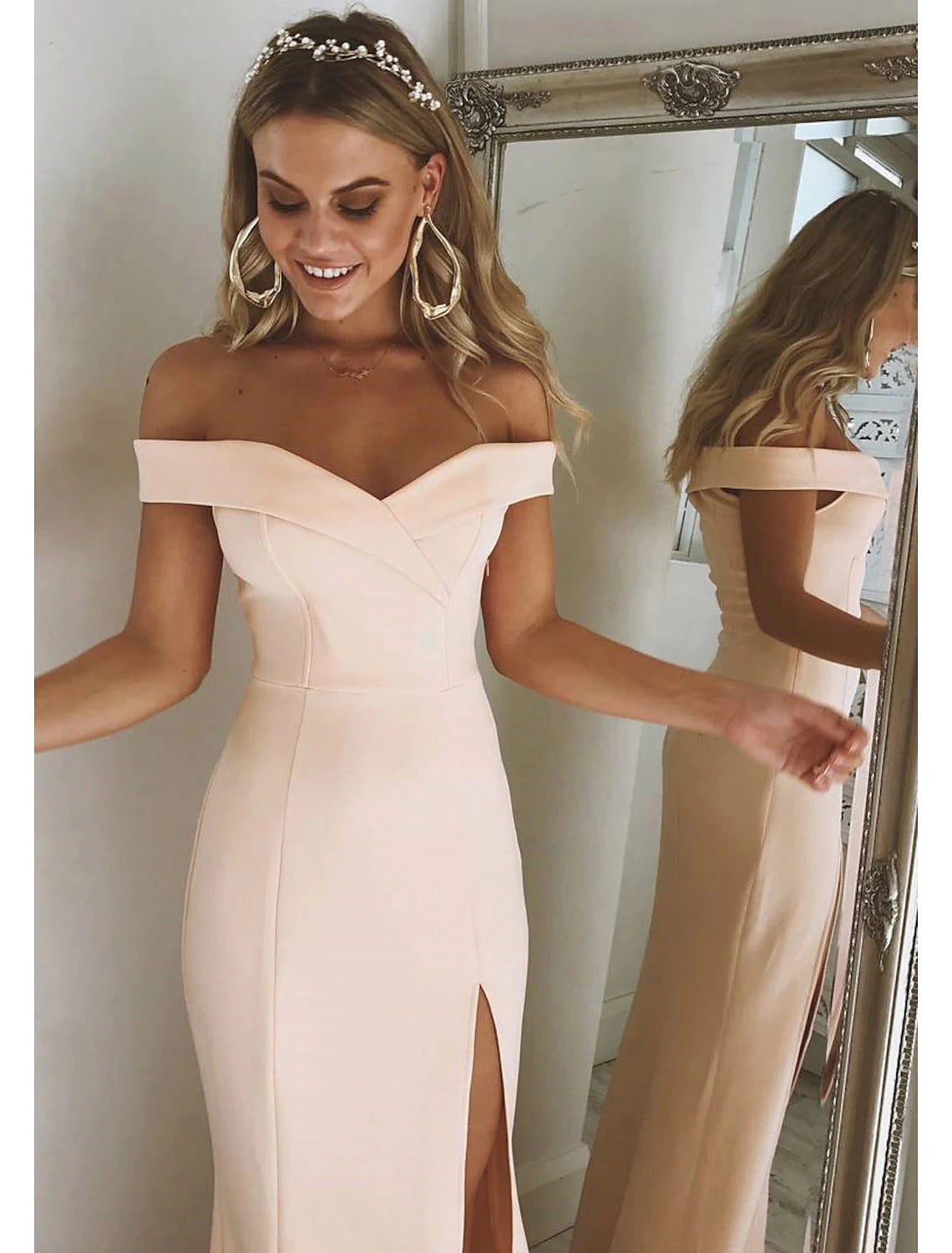 Blushing Pink Crepe Off-the-Shoulder Sheath/column Floor-Length Bridesmaid Dress