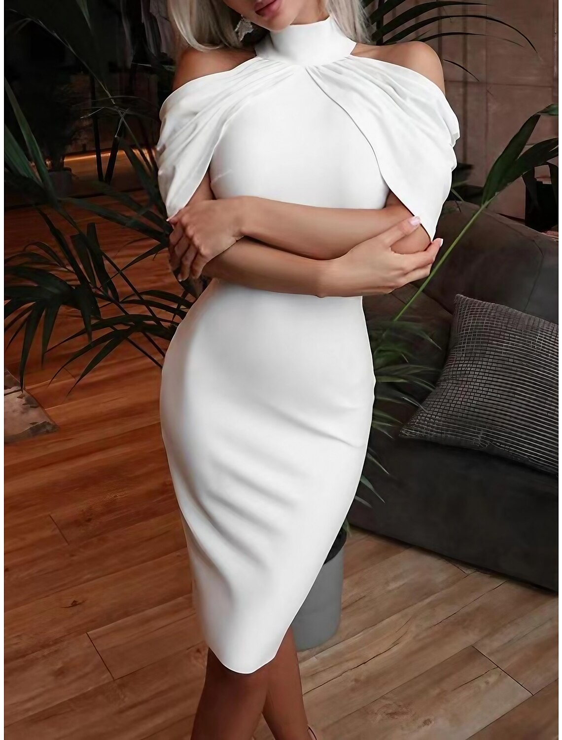 Vestido de fiesta para mujer, vestido de regreso a casa, vestido tubo, vestido midi, blanco, manga corta, liso, fruncido, verano, primavera, otoño, cuello alto, moderno, para invitada de boda.