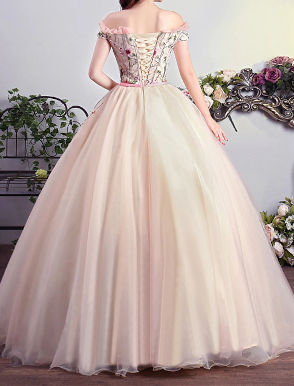 Blushing Pink Tulle Ball Gown Off-the-Shoulder Floor-Length Dress with Floral Embroidery & Ruffles