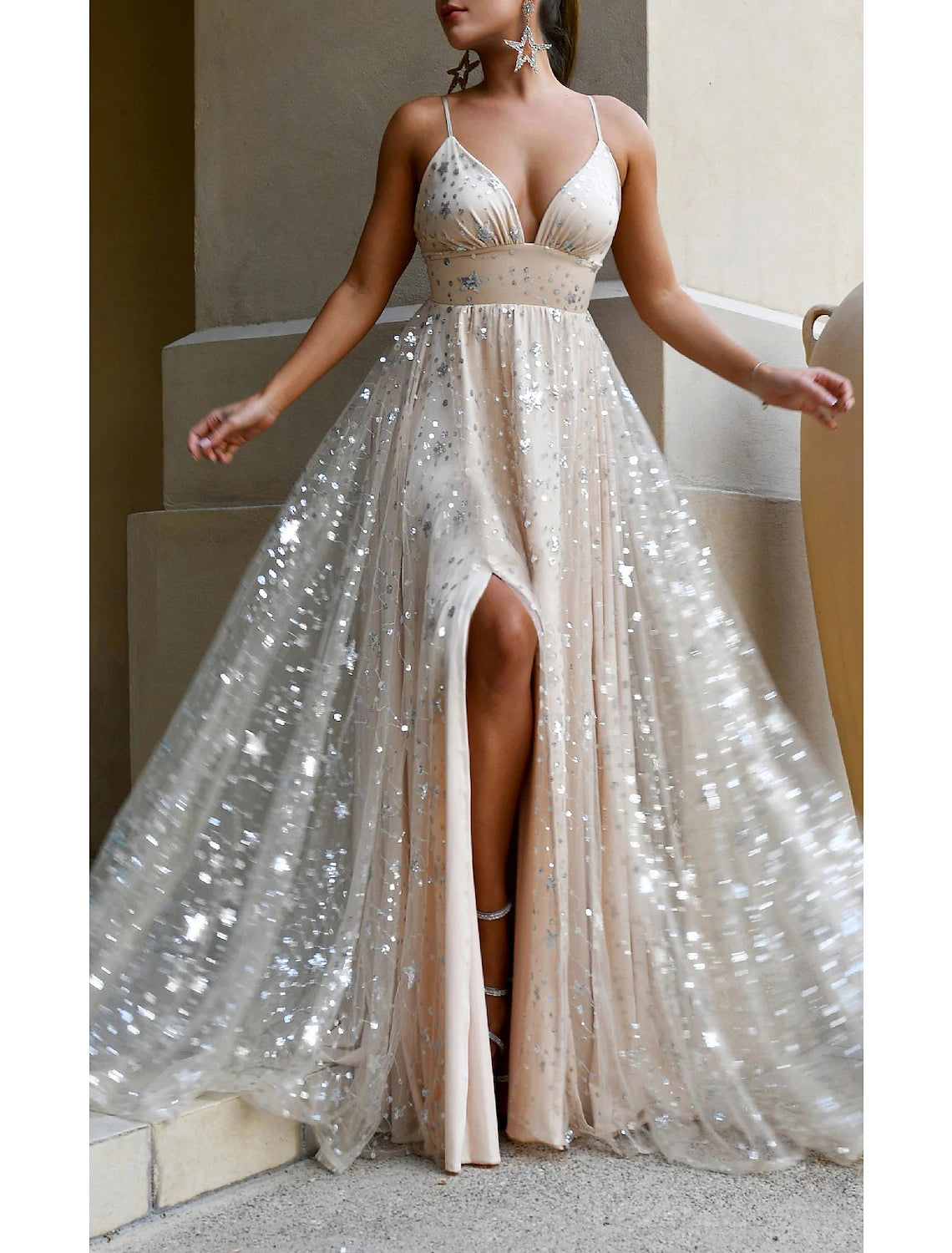 Abiti da ballo a trapezio, scintillanti, per invitati a nozze, per il ritorno a casa, lunghi fino al pavimento, senza maniche, scollo a V, in tulle con paillettes a strati