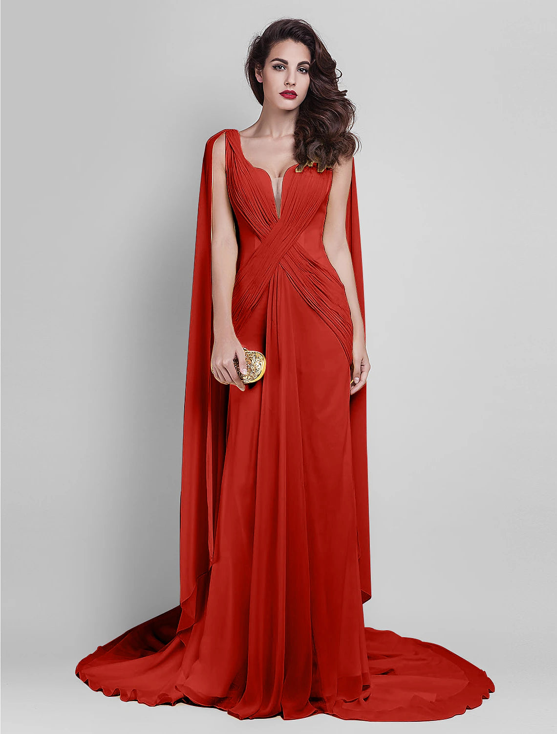 Lemon Chiffon Sheath/column Floor-Length Evening Dress with Flowing Cape