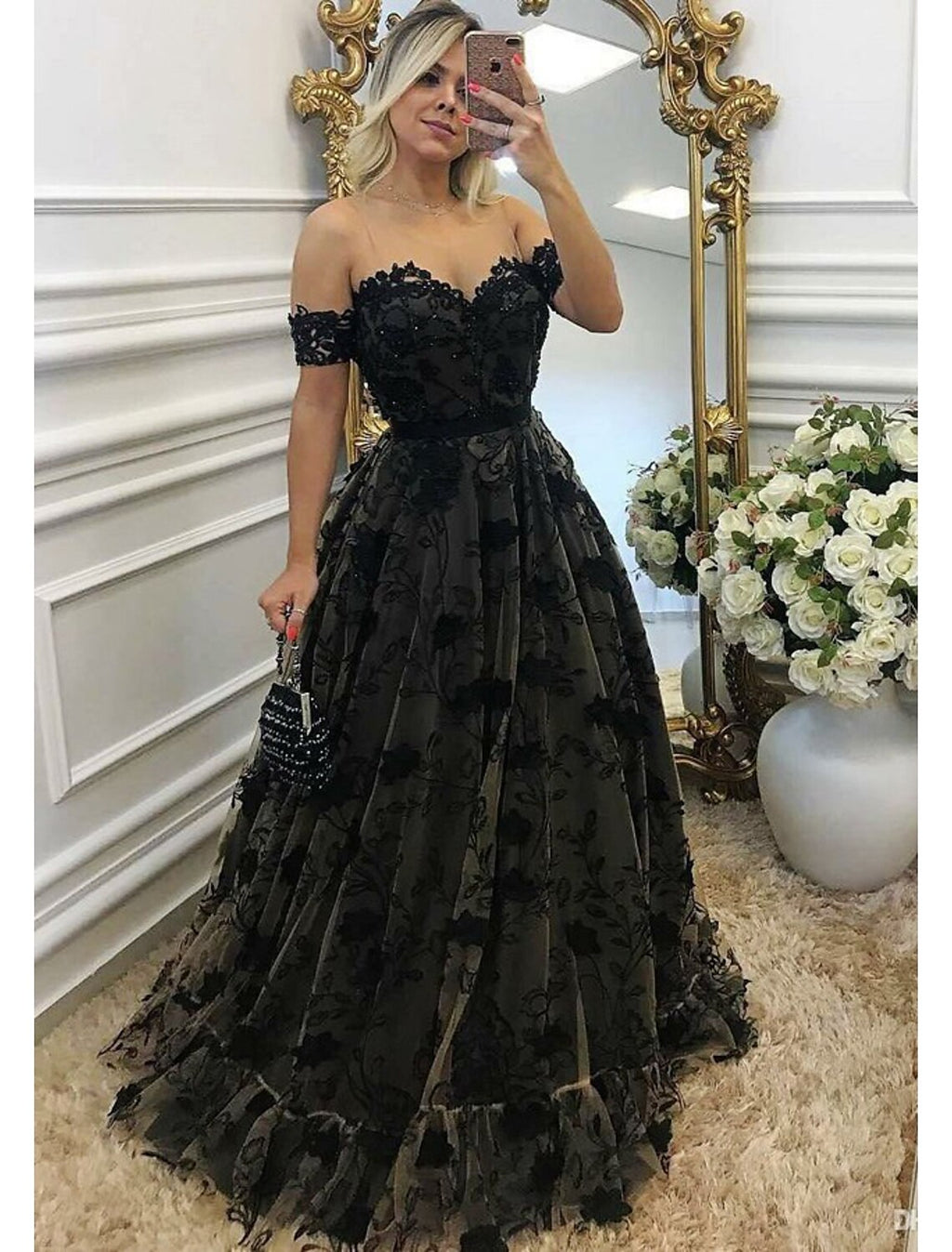 Black Lace A-Line Off-the-Shoulder Floor-Length Evening Dress