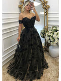 Black Lace A-Line Off-the-Shoulder Floor-Length Evening Dress