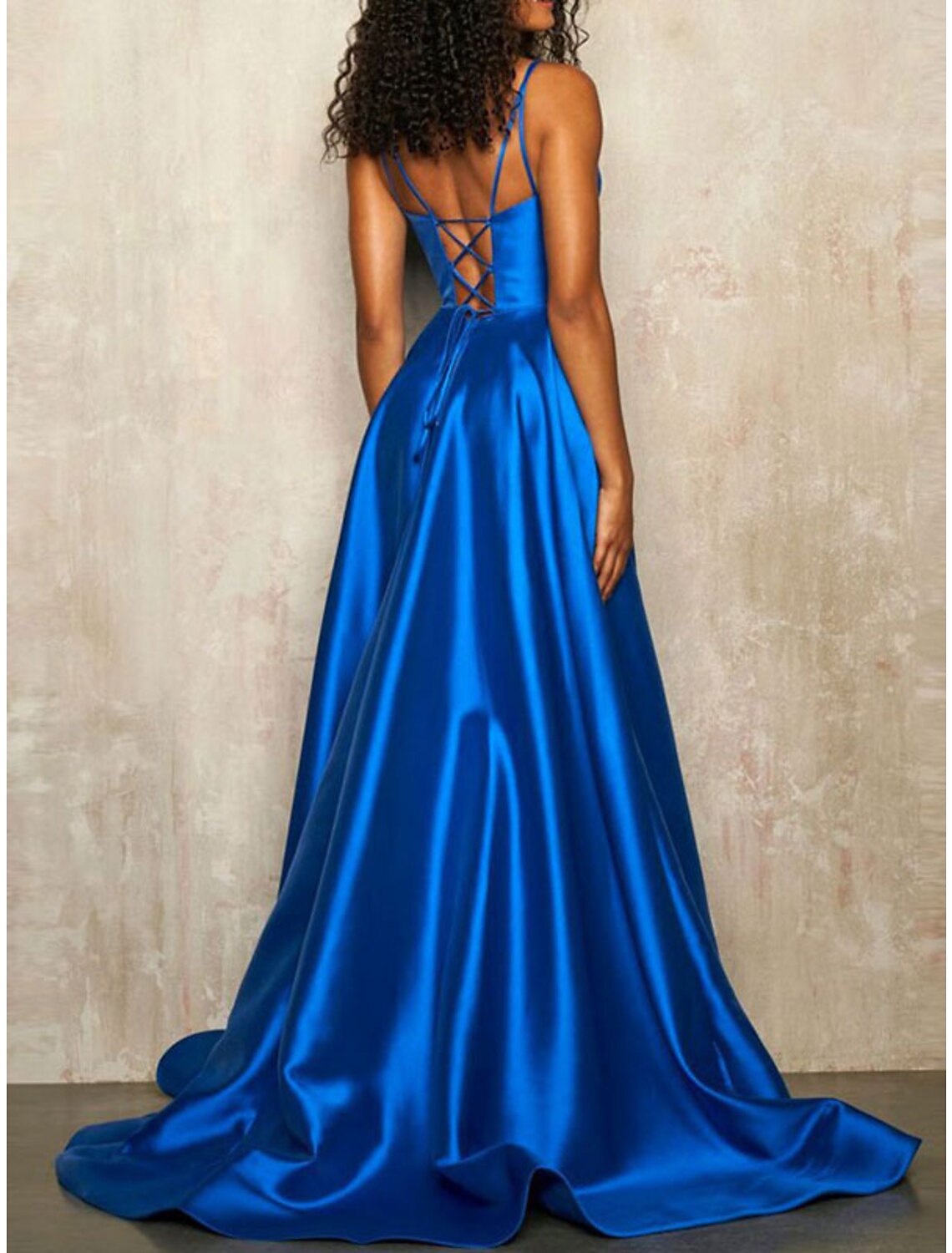 Abiti da ballo a trapezio, eleganti, formali, da ospite, con strascico, senza maniche, spalline sottili, in cotone, senza schienale, con pieghe, colore puro