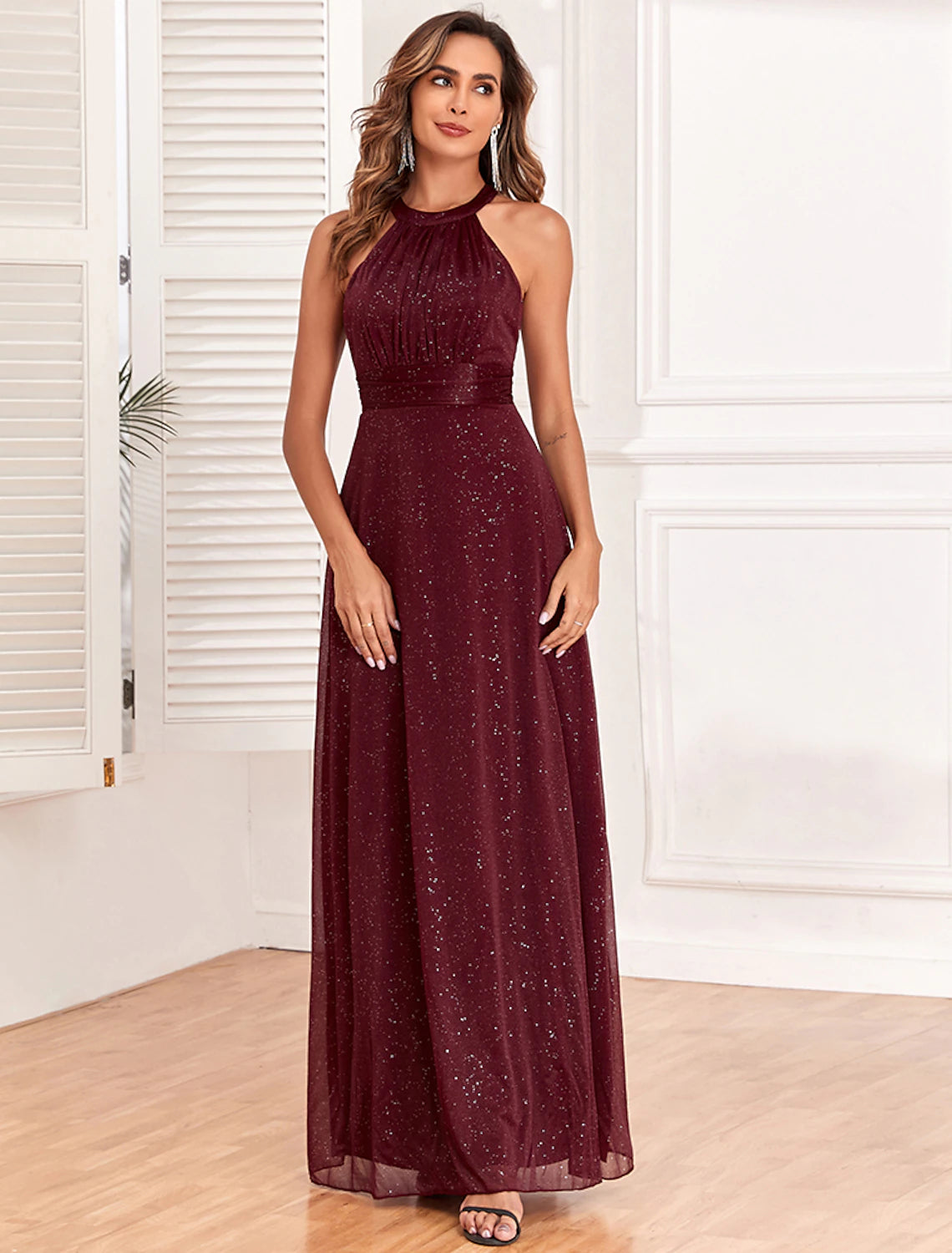 Burgundy Glitter Fabric A-Line Halter neckline Floor-Length Bridesmaid Dress