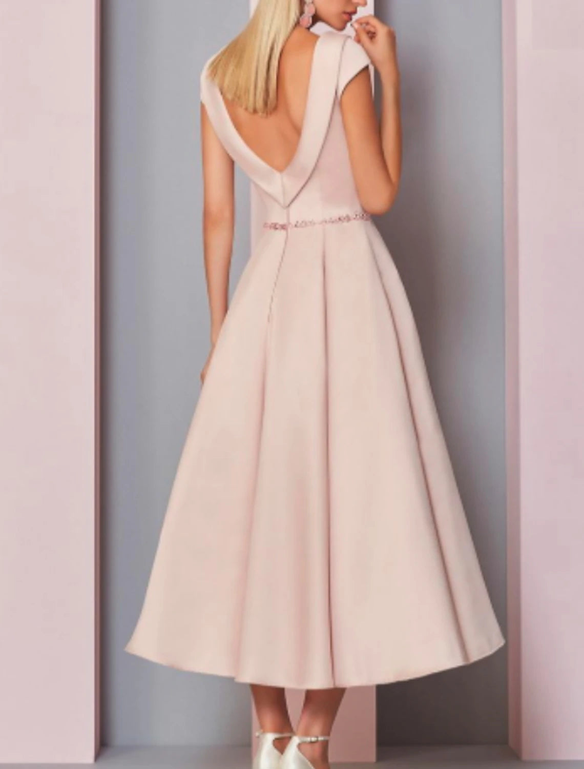 Abito da cerimonia per la madre della sposa, in raso, con scollo a V, lunghezza alla caviglia, manica corta, con cristalli, taglie forti