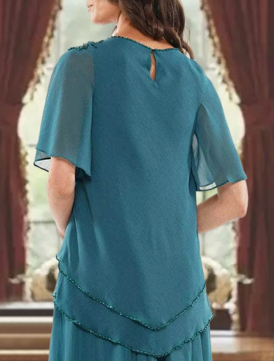 Abito da cerimonia per la madre della sposa, a trapezio, elegante, con scollo gioiello, lunghezza al pavimento, in chiffon, maniche corte, pieghe e perline