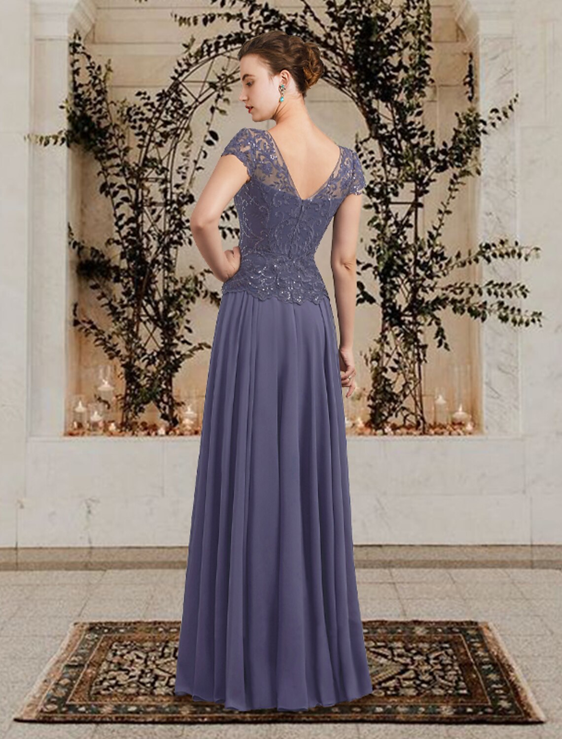 Abito da madre della sposa a trapezio, elegante, taglie forti, con scollo a V, lunghezza al pavimento, in chiffon, pizzo, paillettes, maniche corte con applicazioni a pieghe