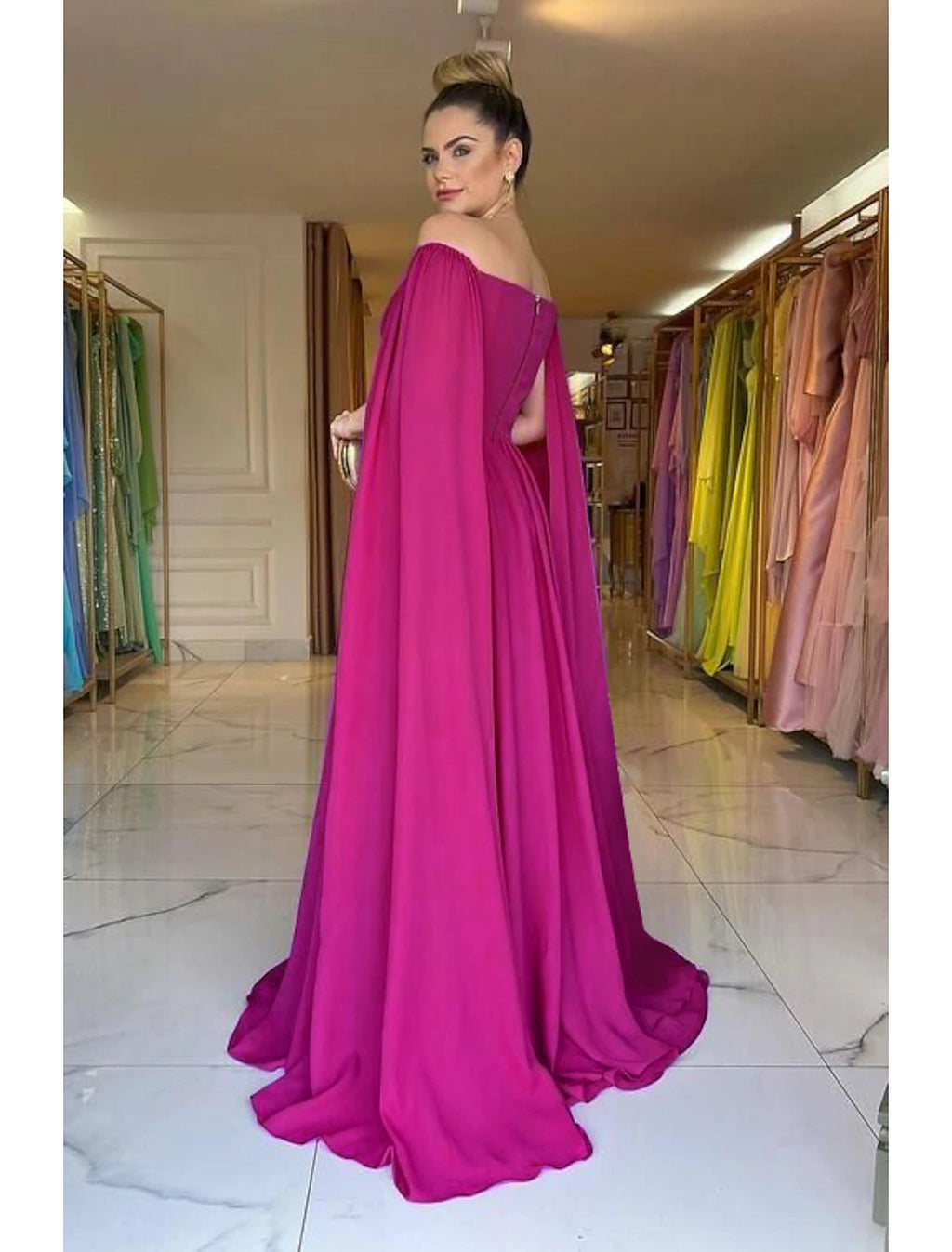 Vestido de noche elegante de corte A, vestido formal para boda, fiesta, cola larga, sin mangas, hombros descubiertos, capas de gasa con pliegues