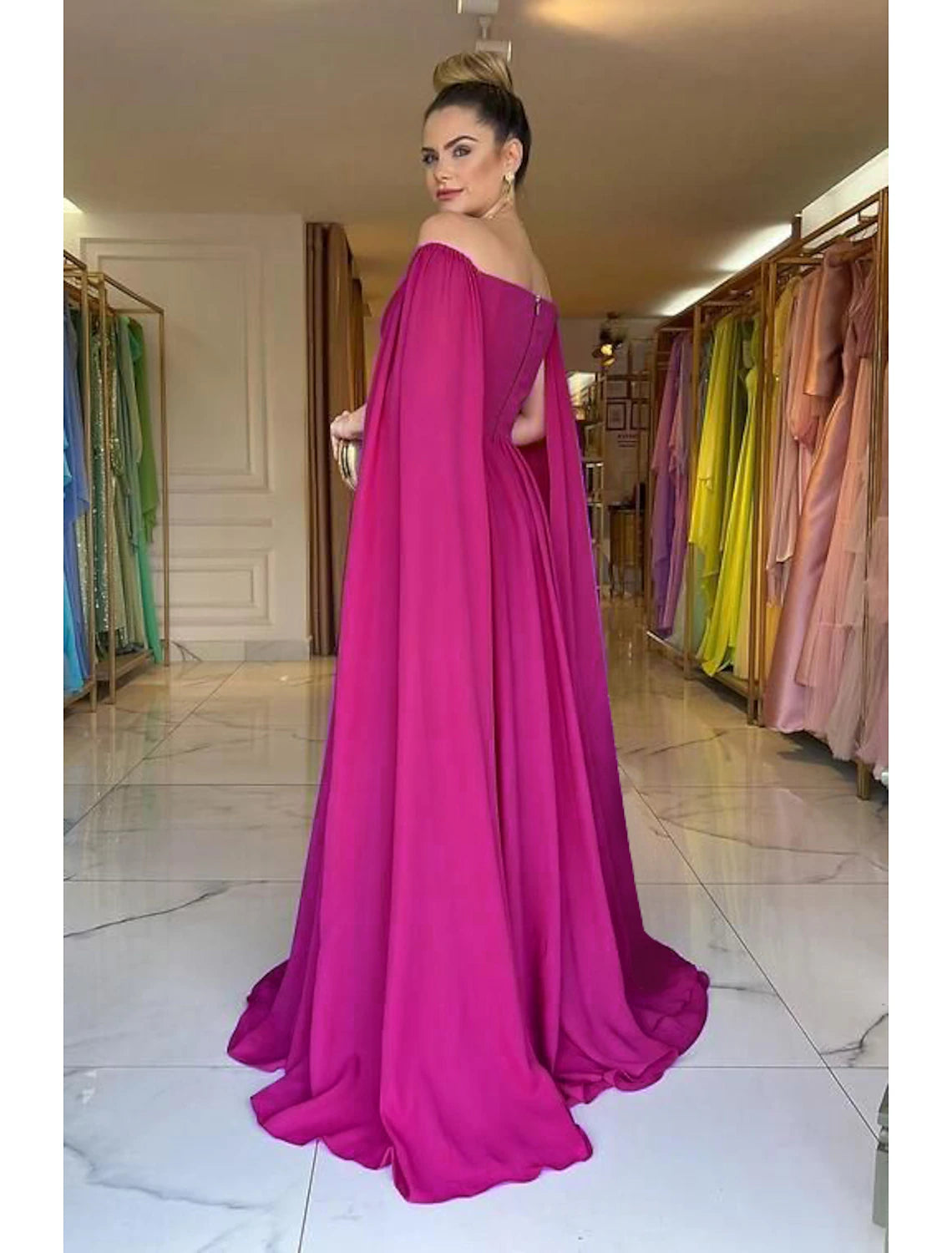 Pink Chiffon Off-the-Shoulder A-Line Floor-Length Evening Dress