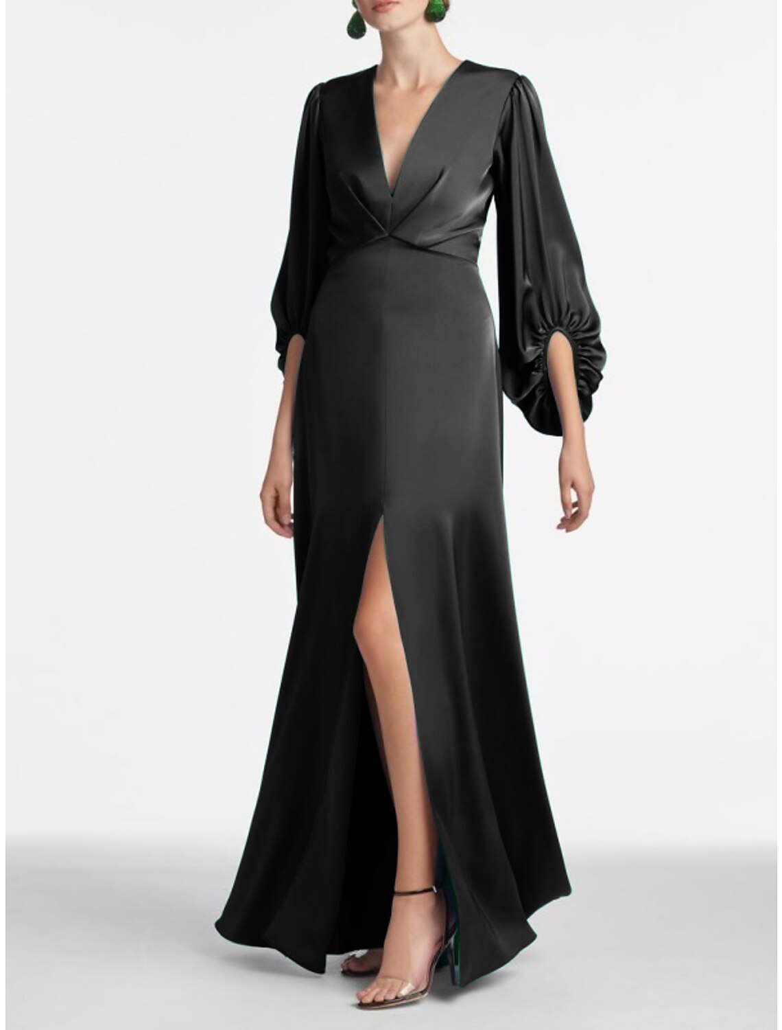 Vestido de noche formal de satén verde, corte A, manga larga, vestido de fiesta negro, abertura alta, vestido de invitada de boda de otoño, largo hasta el suelo, escote en V con abertura fruncida