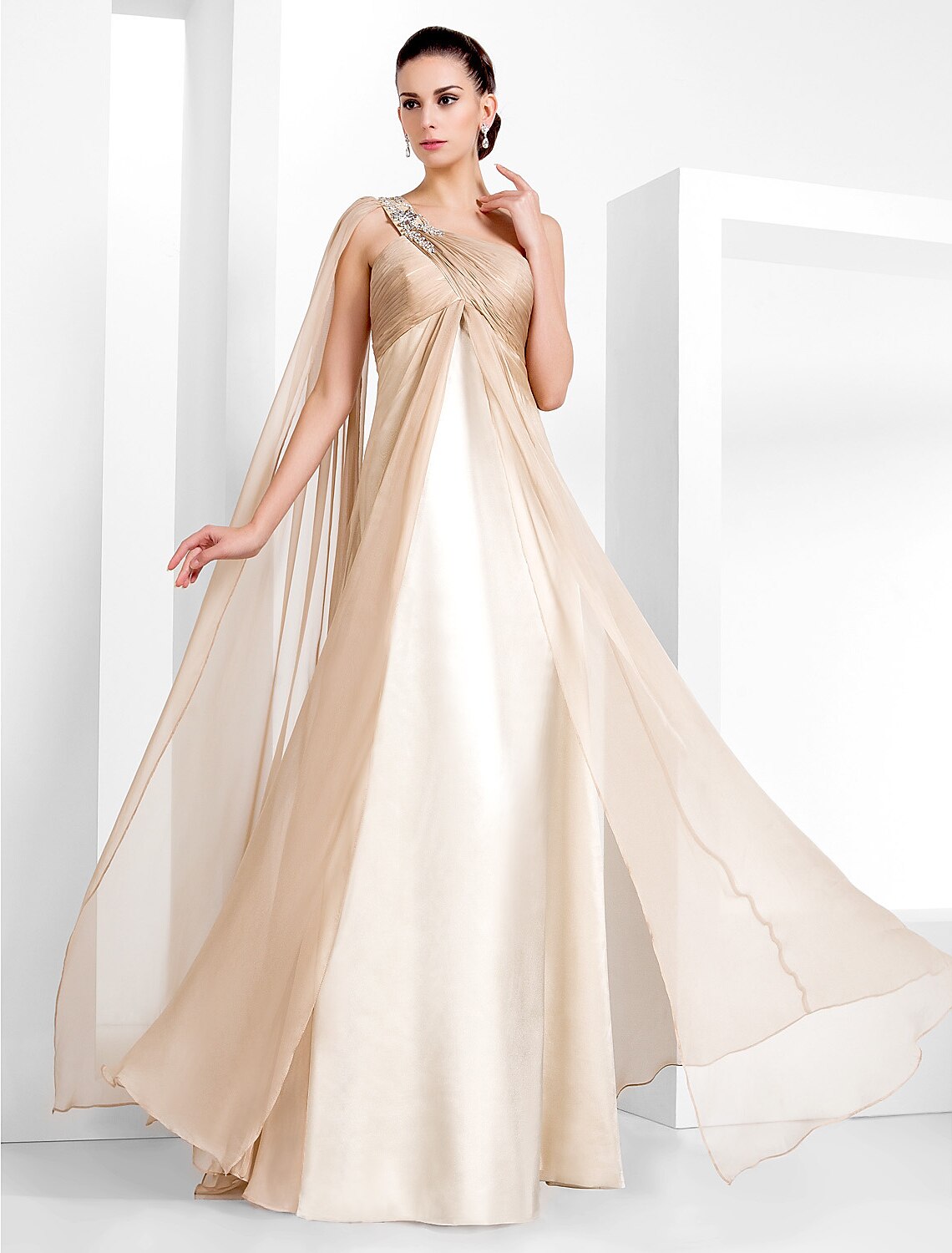 Champagne Chiffon A-Line Floor-Length Evening Dress with One Shoulder & Beaded Strap