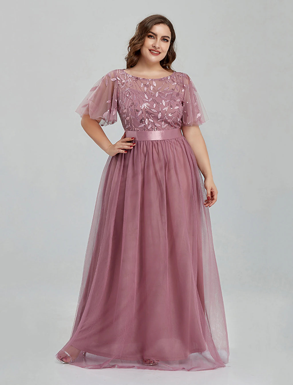 Abiti da ballo a trapezio, abiti floreali, abiti da festa, abiti da Quinceanera, lunghi fino al pavimento, maniche corte, scollo gioiello, abito da damigella d'onore, tulle con ricami