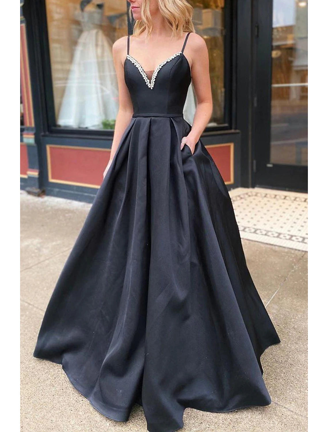 Black Satin A-Line Floor-Length Dress with Beaded V-Neck & Pockets for Prom & Formal Events