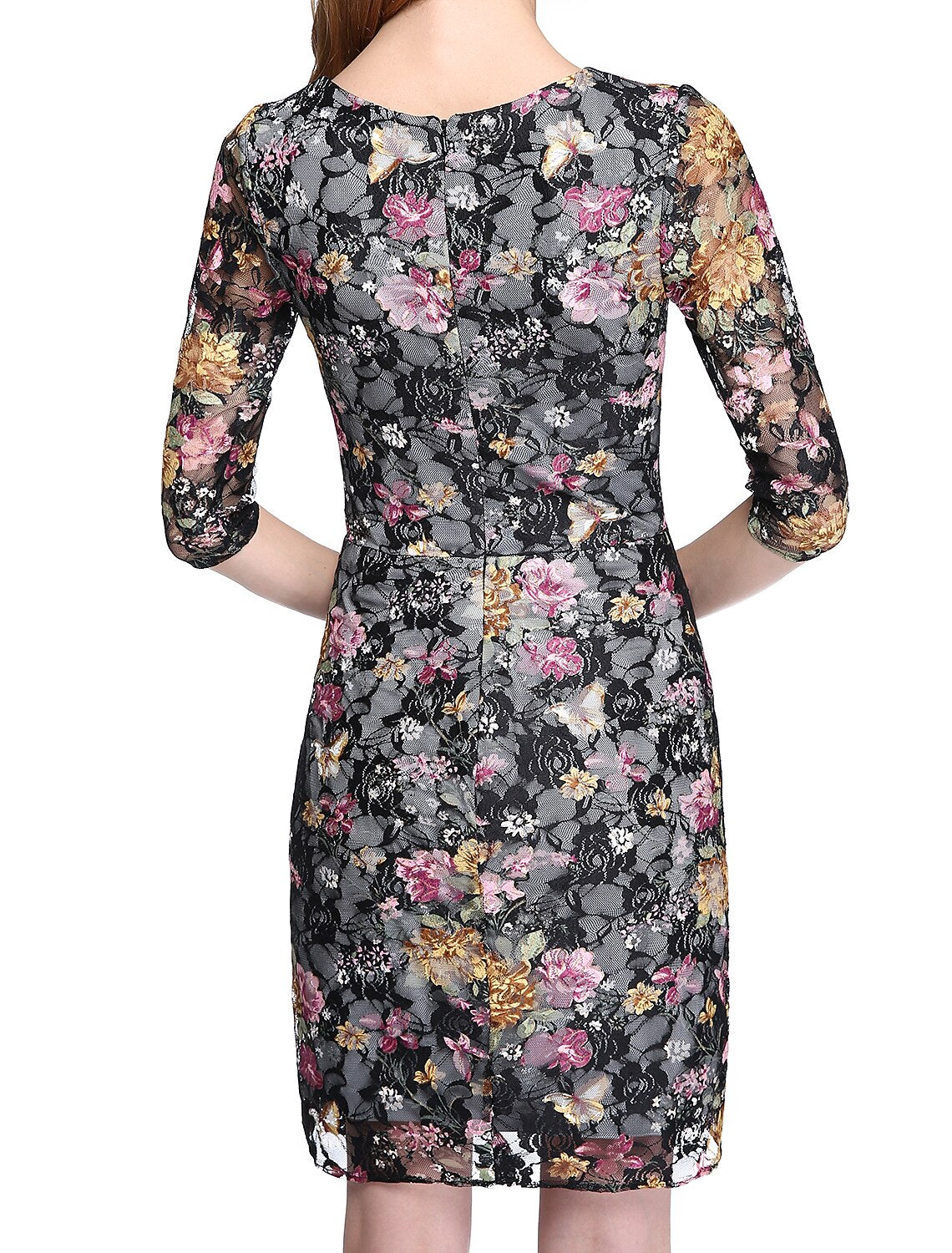 Vestido de madre de la novia con corte tubo/columna, floral, escote joya, corto/mini, encaje, media manga, sin mangas, con encaje