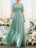 Sage Green Chiffon A-Line Floor-Length Bridesmaid Dress with Ruched V-Neck & Flutter Sleeves